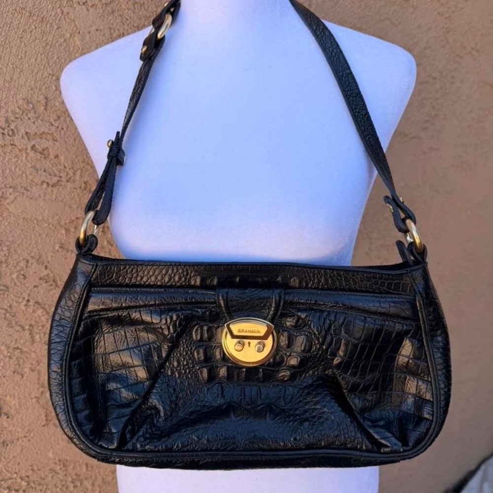 Brahmin black croc embossed leather purse with gold hardware